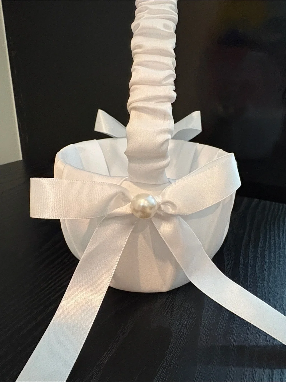 White Satin Flower Girl Basket with Pearl Bow